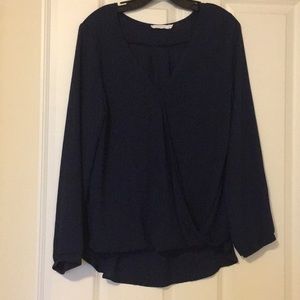 LUSH long sleeve front drape hi-lo blouse navy